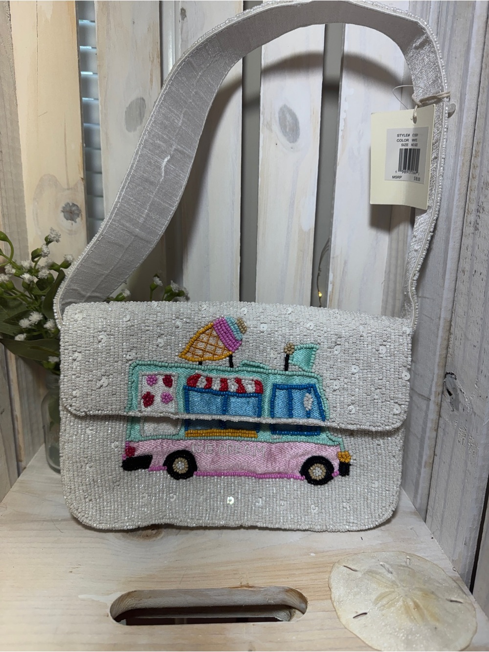 White Beaded Ice Cream Truck Shoulder Bag